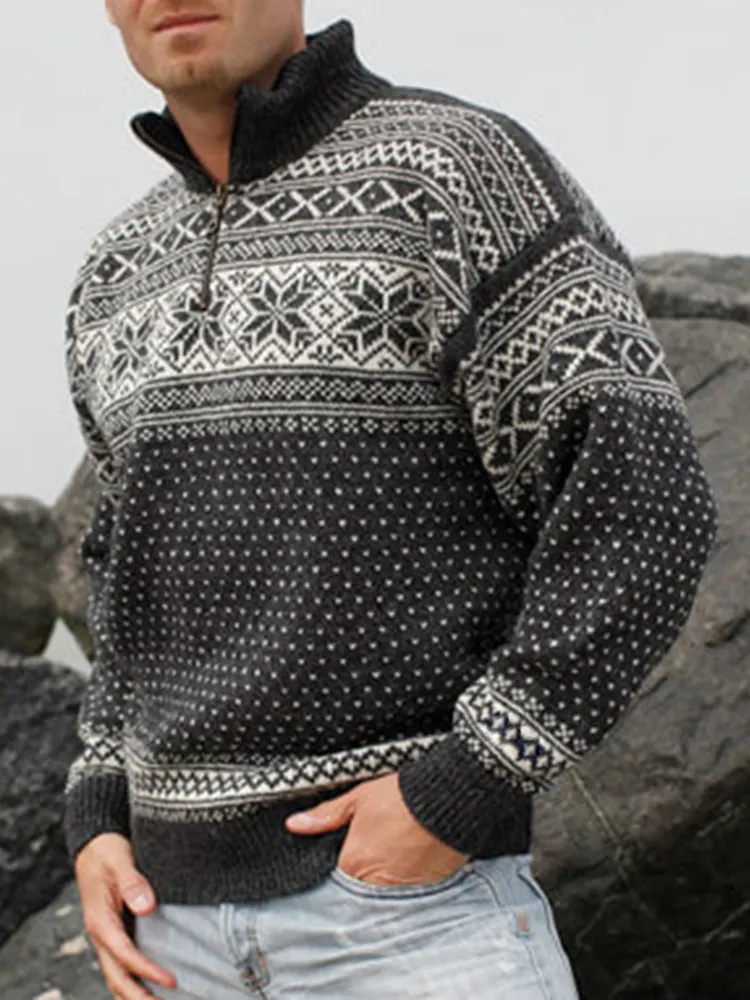 Vintage Warmth Norwool Knit Jacquard Icelandic Half Zip Collar Sweater（Unisex ）