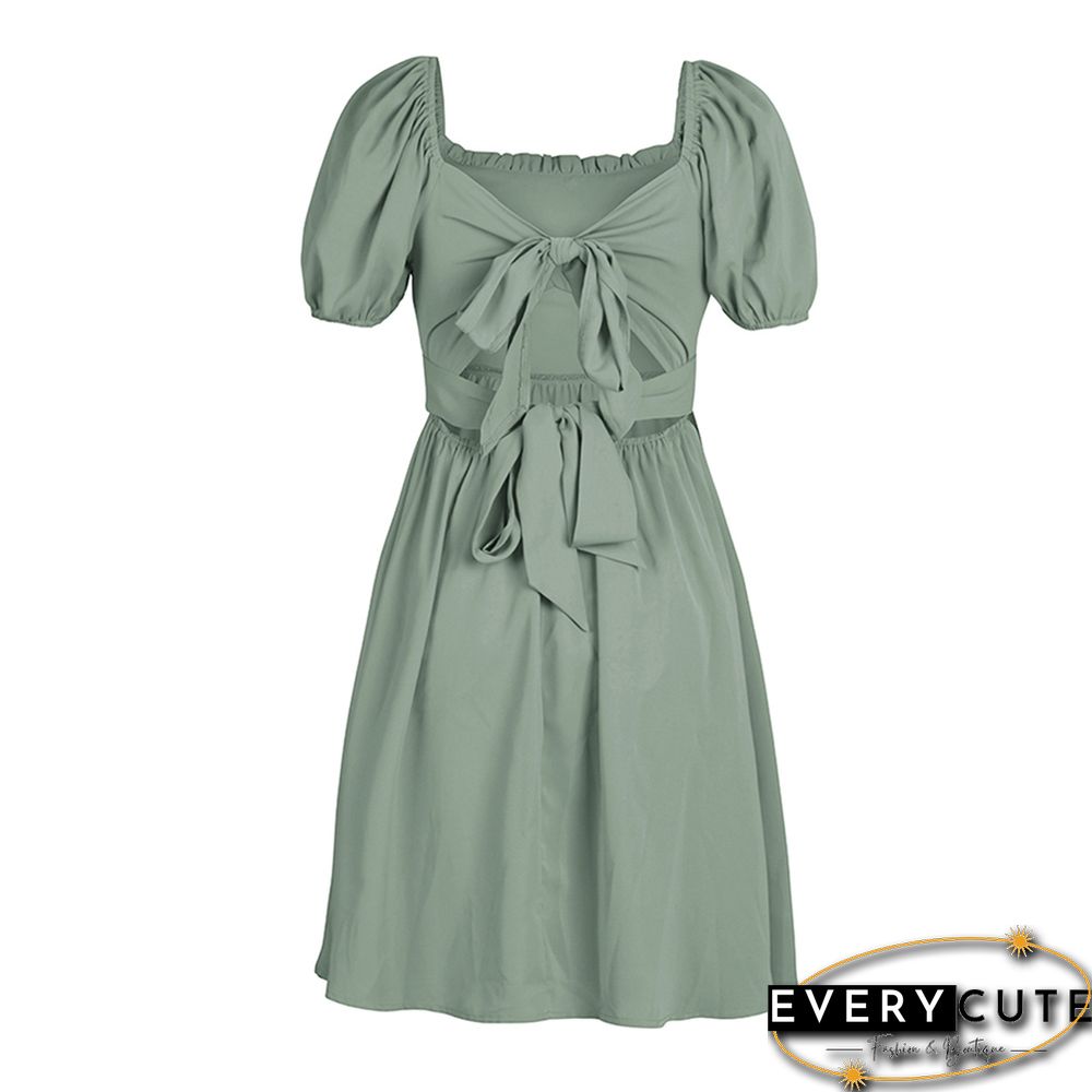 Pea Green Square Neck Slim Waist Mini Dress