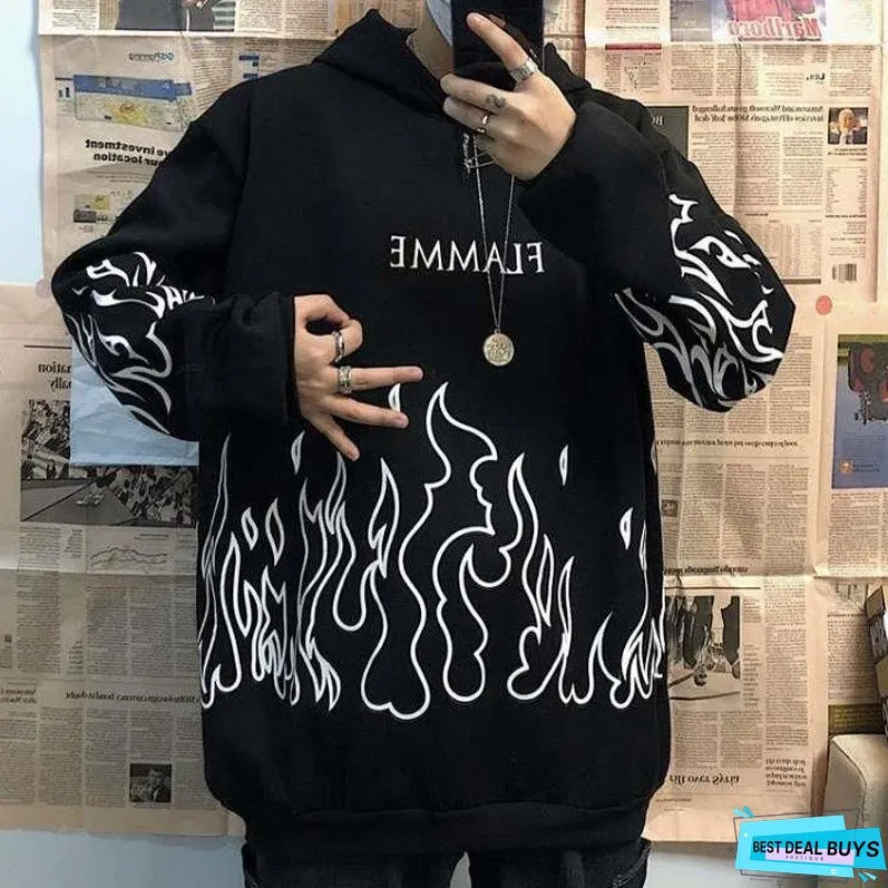 Christmas Gift Gothic Flame Printed Hoodies Women Man Korean Style Oversized Harajuku Sweatshirt Female Autumn Long Sleeve Pullovers Tops