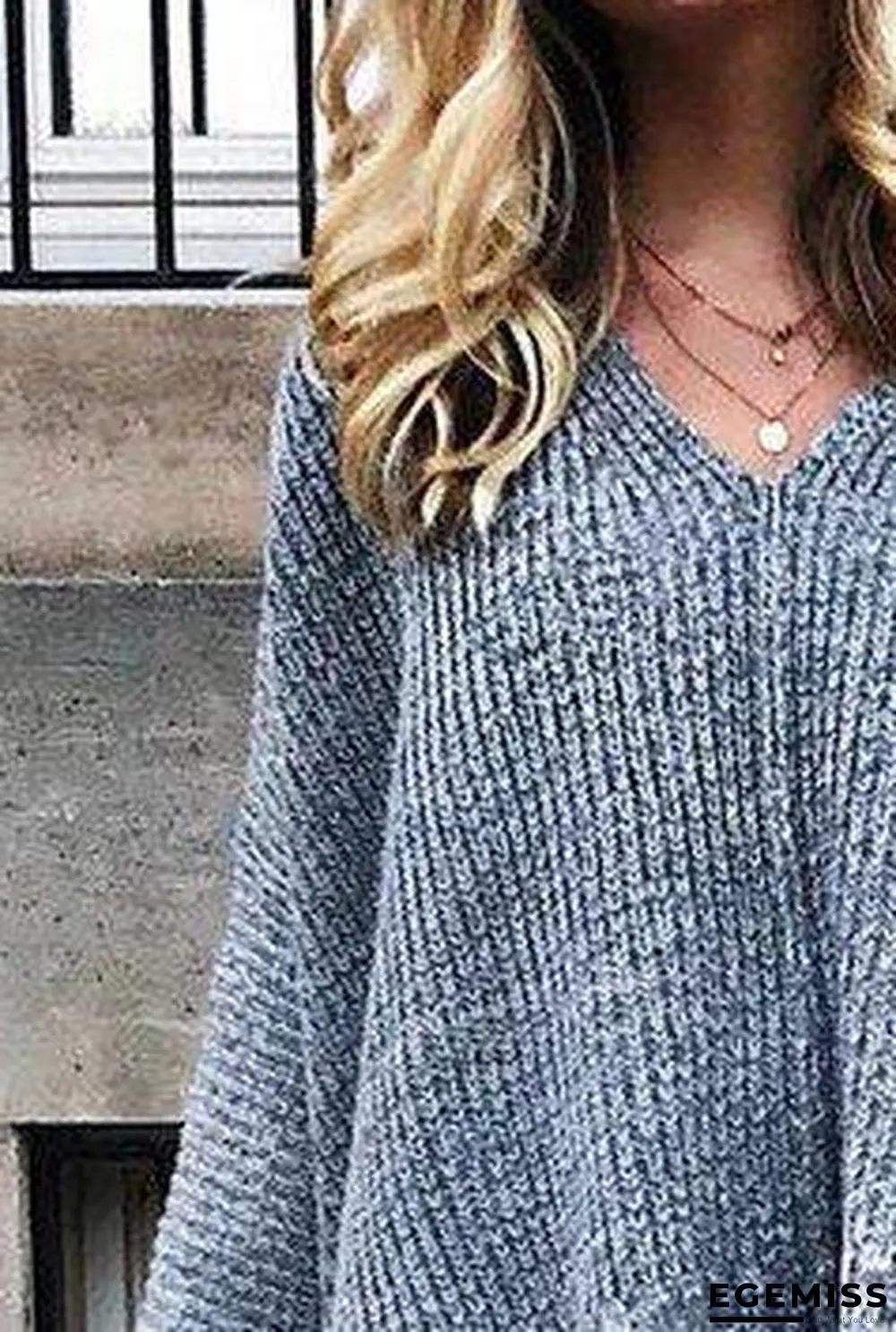 Gray Long Sleeve Cotton-Blend Sweater | EGEMISS