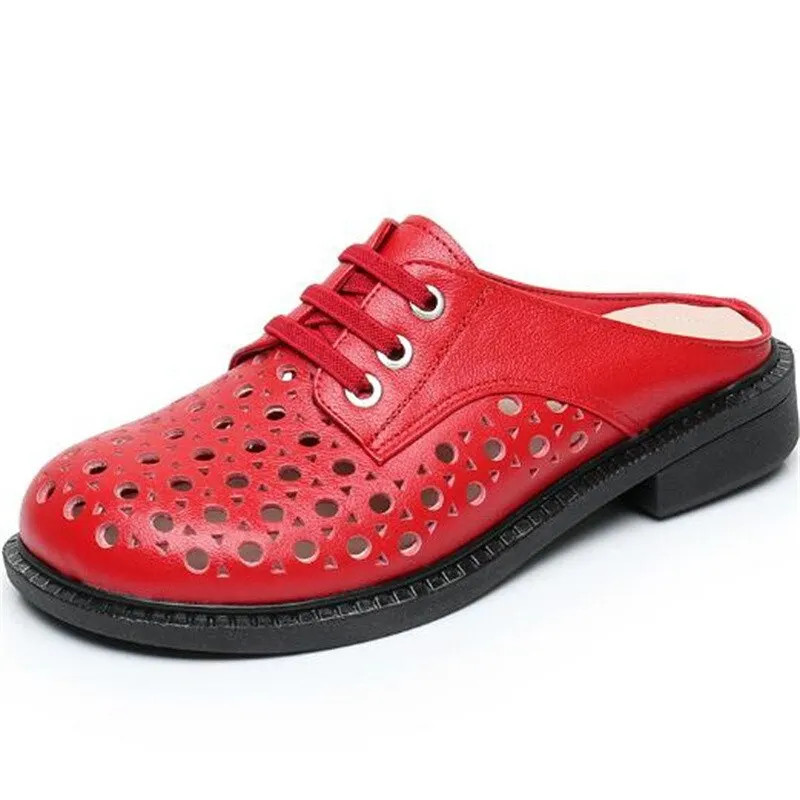 GKTINOO 2022 New Summer Round Toe Hollow Genuine Leather Slippers Casual Sandals Low Heel Shoe Slippers Women Sandals Large Size