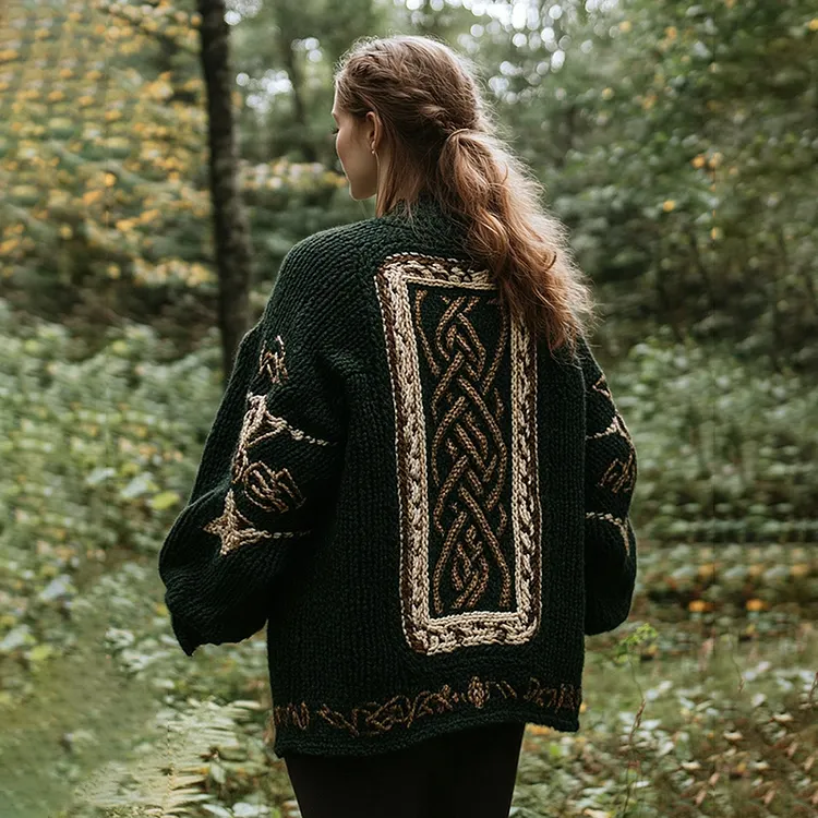 Vintage Women's Irish Celtic Knot Knitted Cozy Jacquard Cardigan