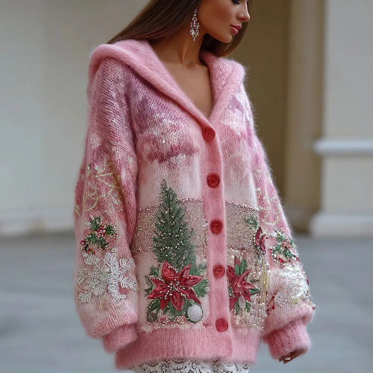 Christmas Inspired Embroidered Cozy Knit Hooded Cardigan