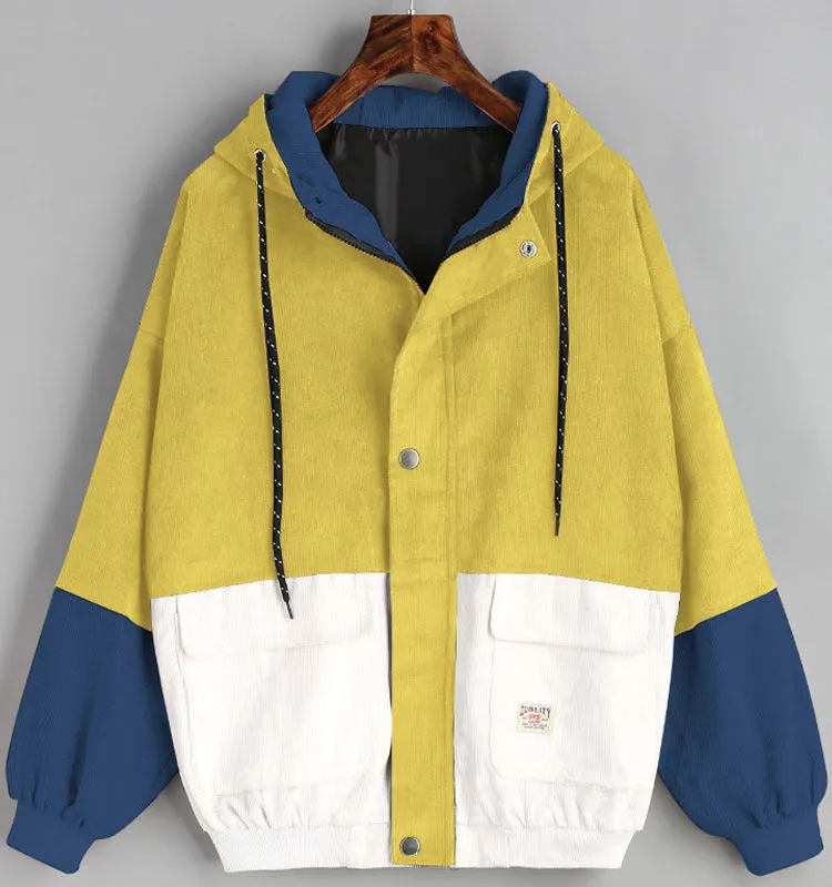 Brownm Loose Color Hooded Corduroy Overalls Coats