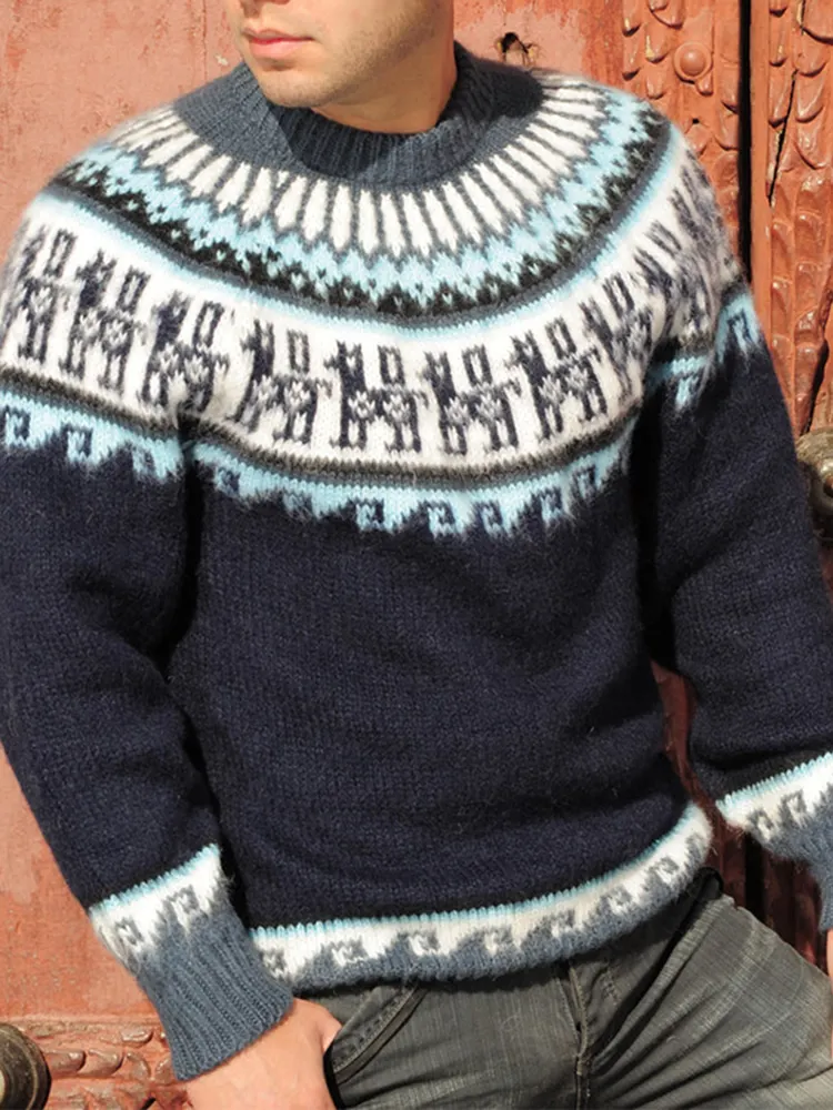 Retro Island Alpaca Print Crew Neck Sweater