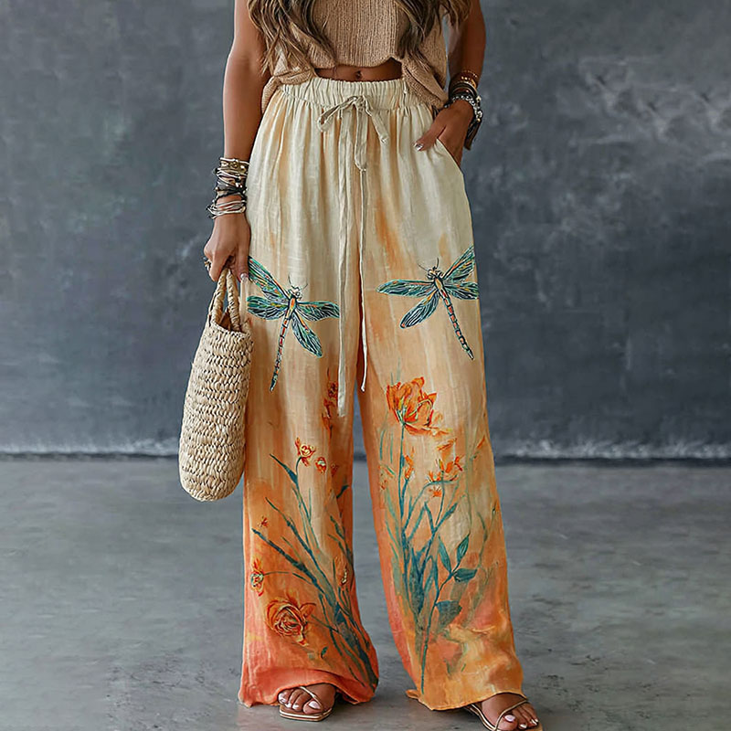 Women's Dragonfly And Floral Pattern Art Print Flowy Linen Blend Casual Pants elevenforest
