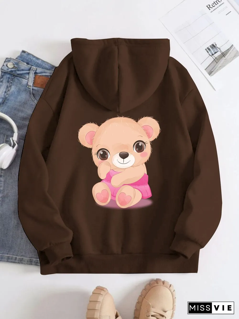 Printed on the Back Kangaroo Pocket Hoodie Long Sleeve for Women Pattern Pink Little Bear