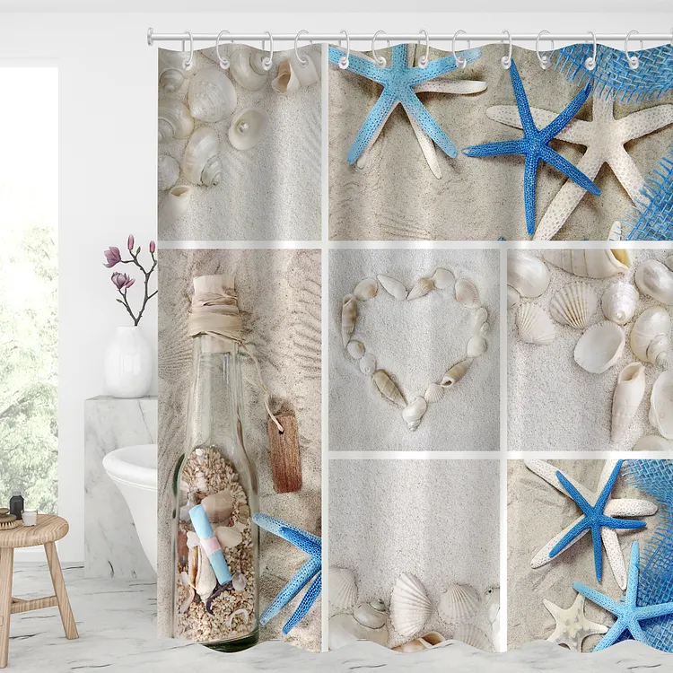 Shells & Drifting Bottles Waterproof Shower Curtains With 12 Hooks