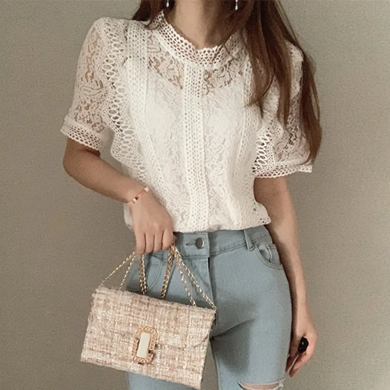 Brownm Brownm Top Retro Women's Summer 2025 New Lace Lace Hollow Shirt Temperament Slim Chic Short-Sleeved Shirt