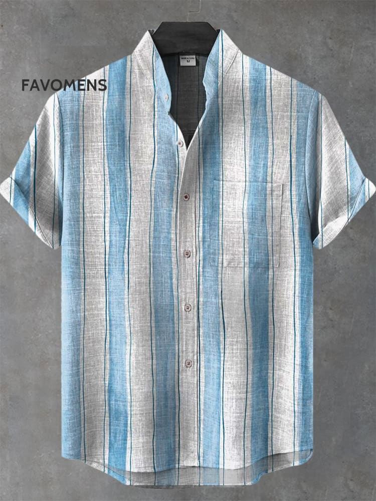 Vintage Hand-Painted Blue And White Stripes Art Print Casual 100% Cotton Shirt Multicolor / S