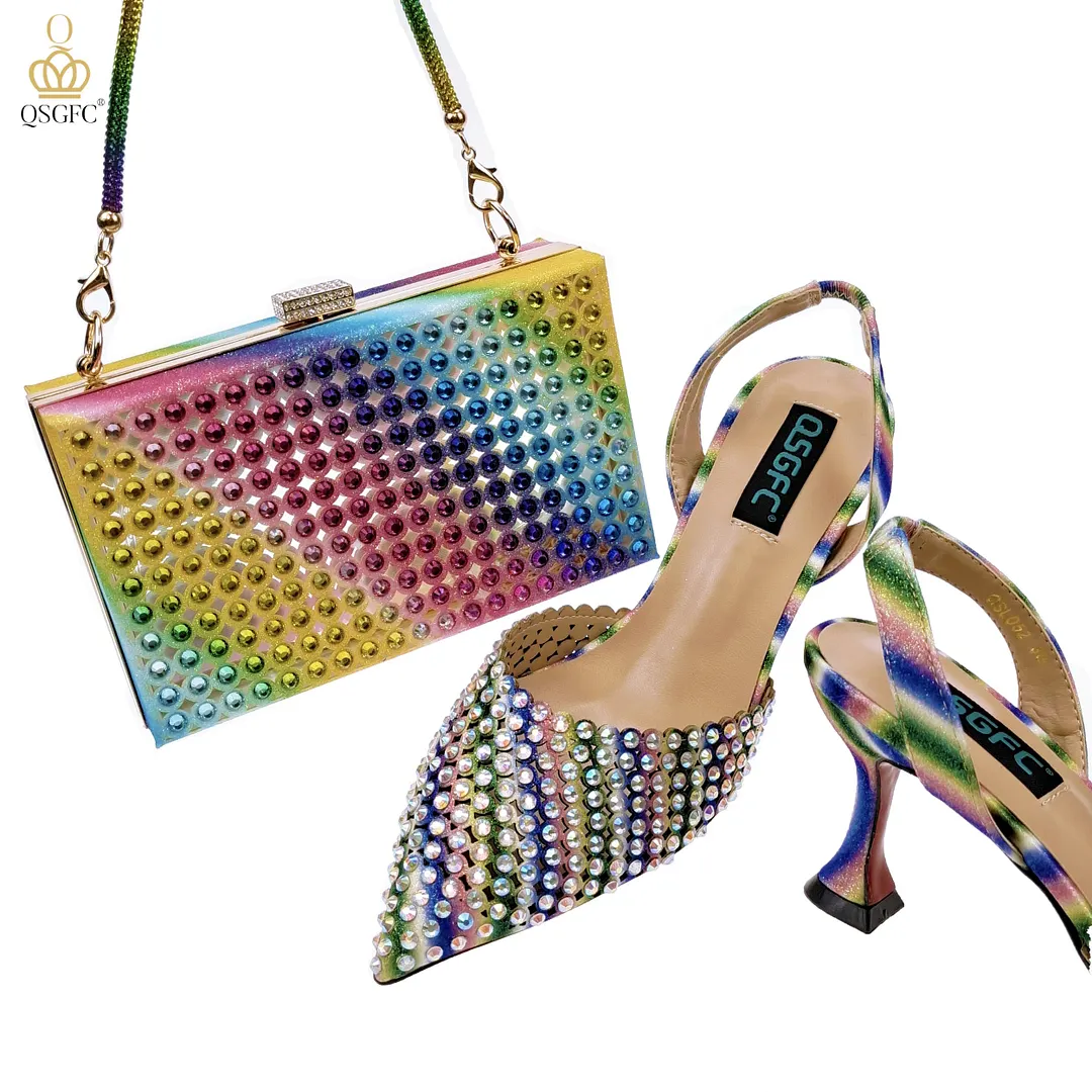 QSGFC New Arrival Popular Cutout Style In Nigeria Italian Design Elegant D.Purple Color Ladies Shoes and Bag For Party Wedding