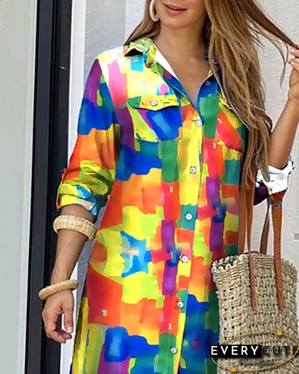 Colorblock Pocket Design Slit Shirt Dress