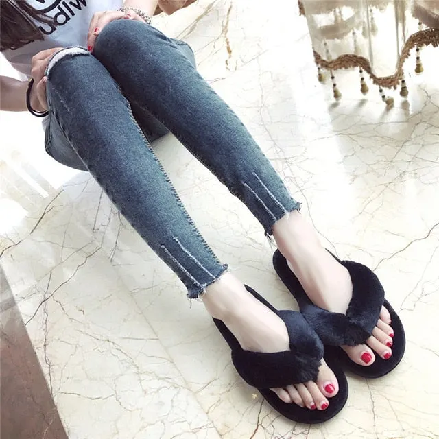 Winter Home Fur Slippers Women Faux Flur Flats Flip Flops Warm Luxury Slides Fashion Casual Shoes Ladies Female House Indoor