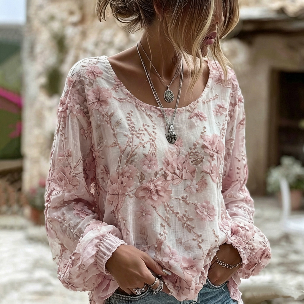 Women's Pink Floral Art Pattern Crew Neck Linen Blend Casual T-shirt elevenforest