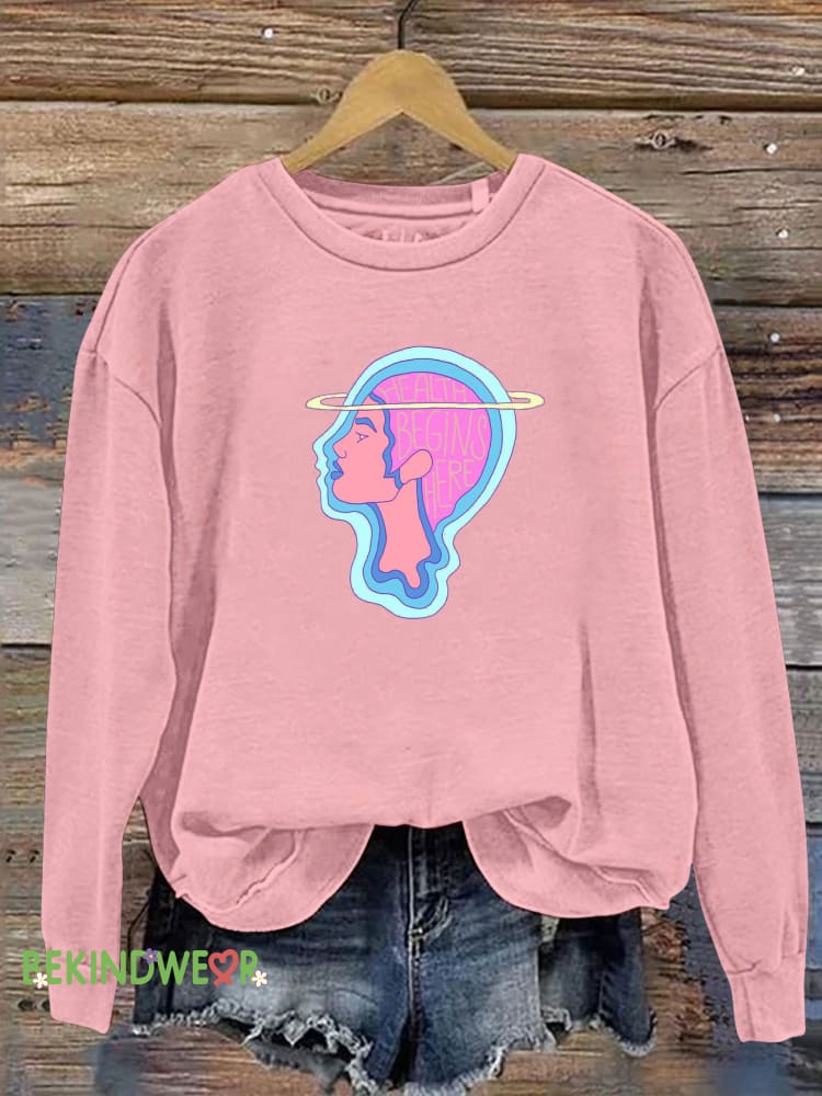Health Begins Here Printed Casual Sweatshirt Pink / S