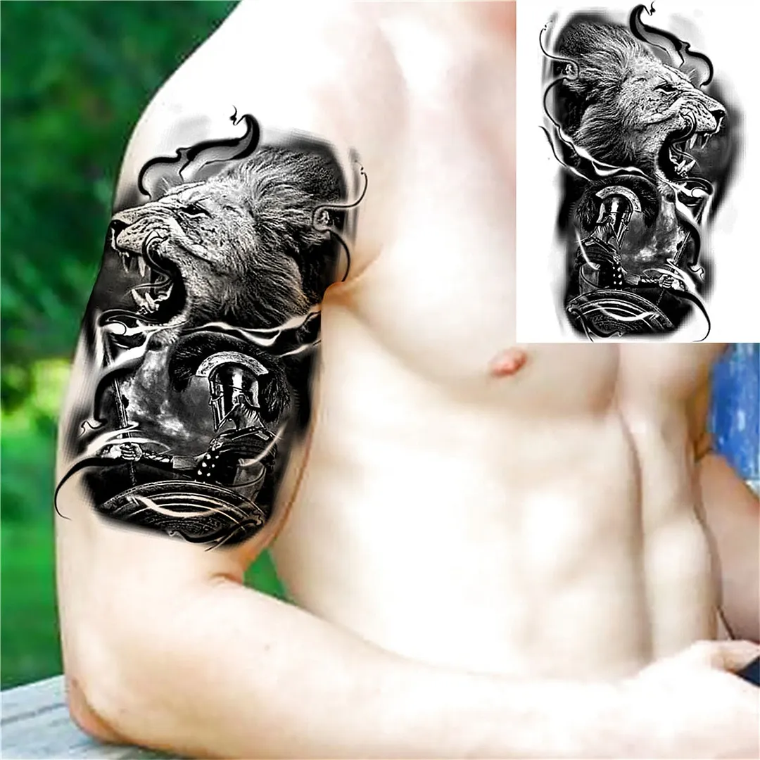 3D Lion Tiger Temporary Tattoos For Men Women Adult Black Wolf Tattoo Sticker Realistic Fake Bear Mountain Disposable Tatoo Body