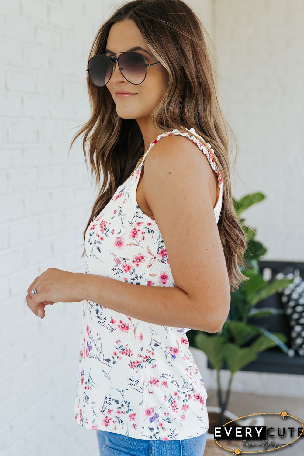White Ruffle Straps Floral Rib Knit Tank Top