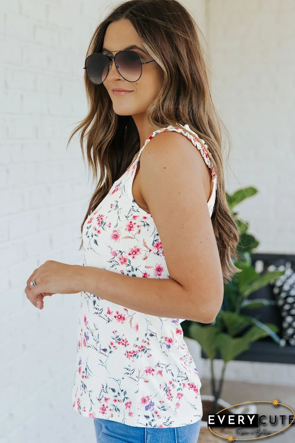 White Ruffle Straps Floral Rib Knit Tank Top