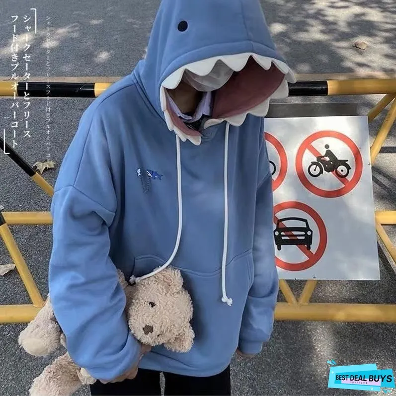 EOENKKY Funny Shark Patchwork Hoodies Women Autumn Kawaii Sweatshirt Oversized Casual Long Sleeve Pullover Woman Sweatshirt