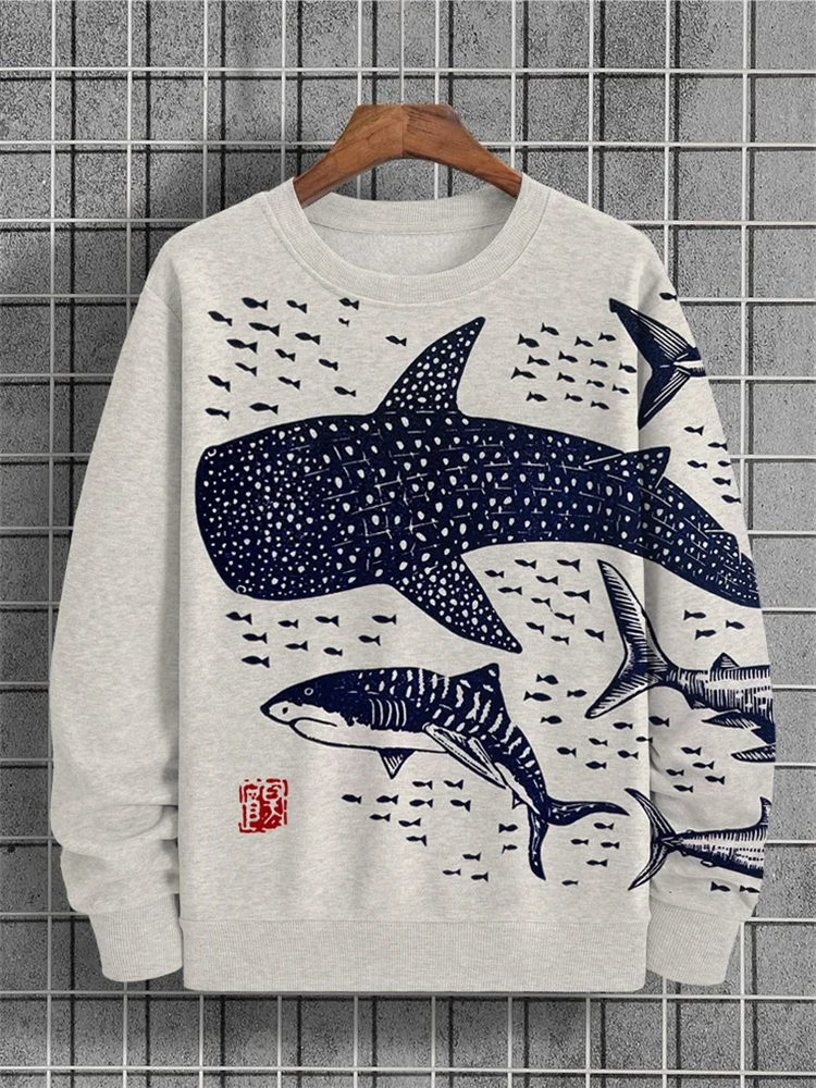 Men's Sharks Sea Japanese Lino Art Print Casual Sweatshirt
