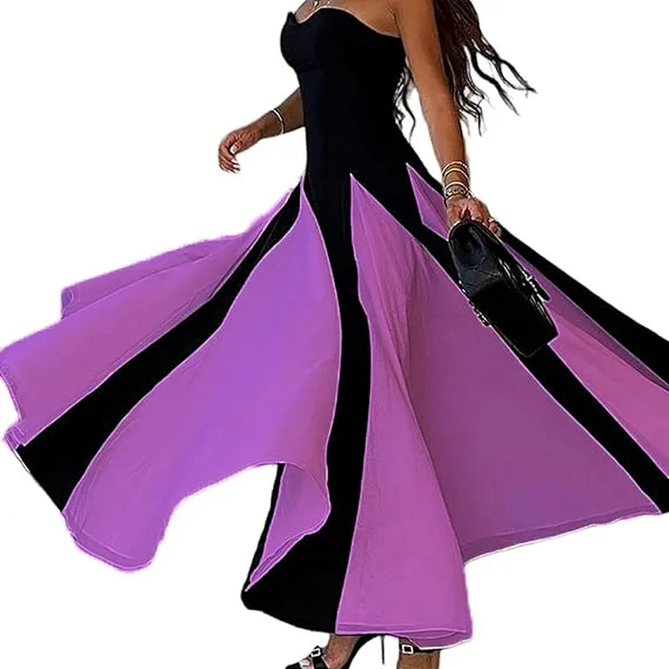 Beach Vacation Dress with Deep V - Neck and Color Block Waist