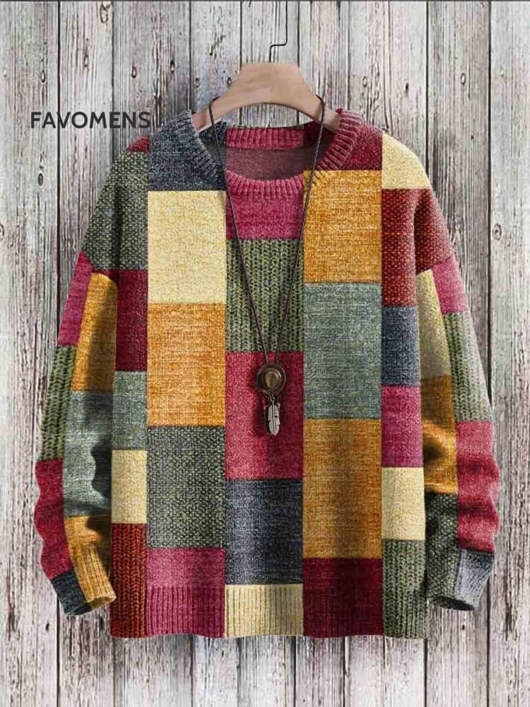 Vintage Geometry Art Print Casual Knit Pullover Sweater Multicolor / S