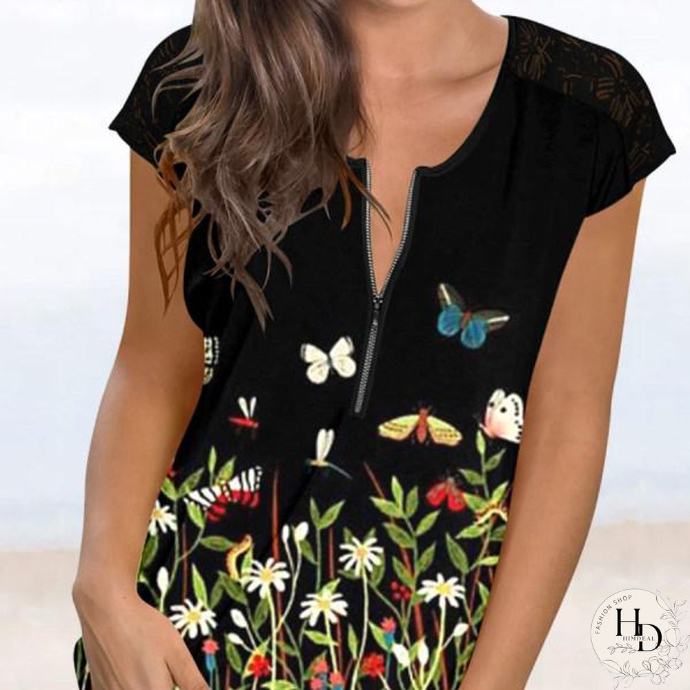 Zipper Printed Casual Patched Lace Sleeve Tee