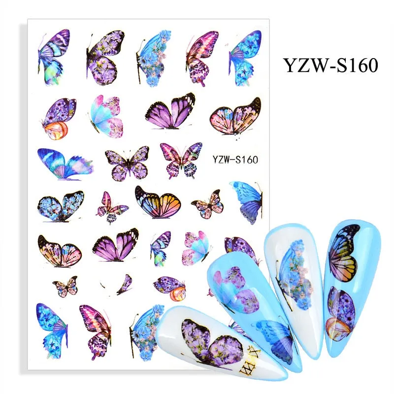 1pc Holographic Blue Nail Stickers Pink Colorful Butterfly Art Sticker With Adhesive DIY Extension Flowers Rose Nail Decoration-Nail Inspo