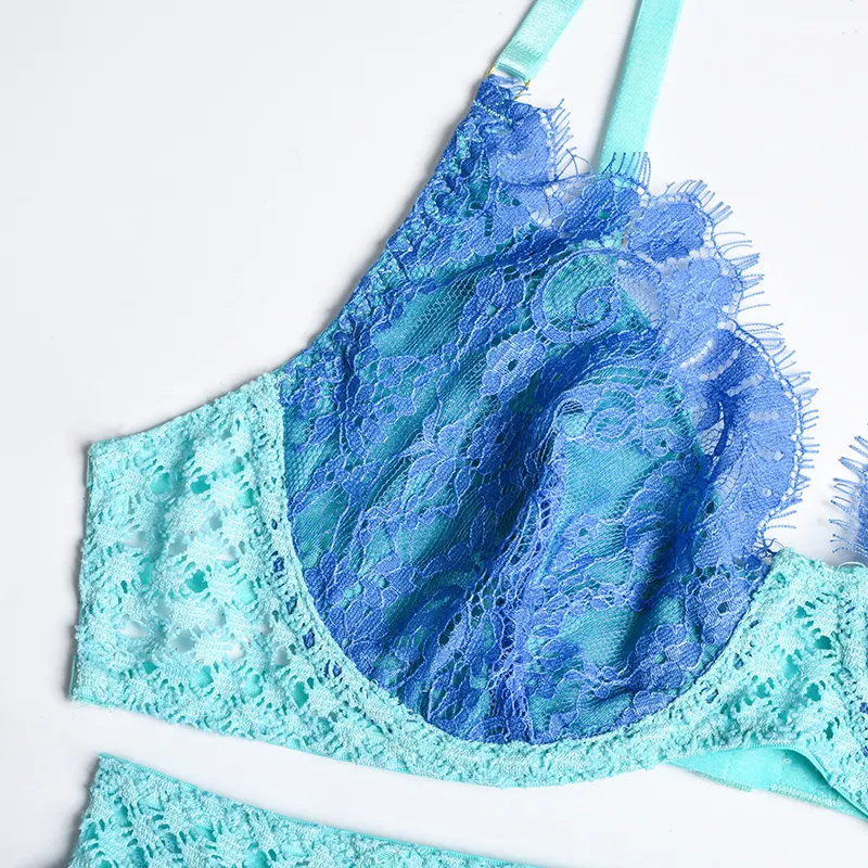 Billionm Sexy Lingerie Women Intimates Lace Underwear Set Push Up Bra Fish Net Nightwear Mesh Sheer See Through Sets Patchwork Color