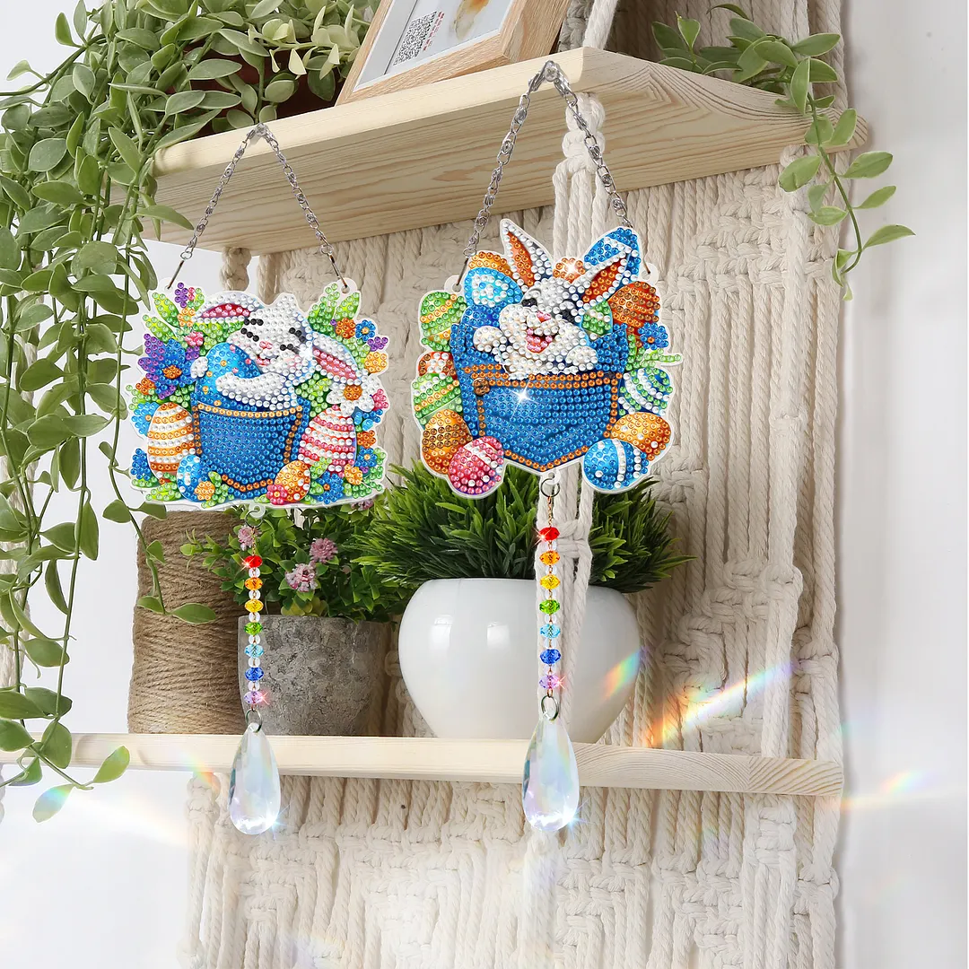 2Pcs Pocket Rabbit DIY Acrylic Diamond Painting Art Wind Chimes with Crystal Pendant Diamond Art Hanging Pendant Double-Sided for Adults Beginners Gift Home Garden Decor