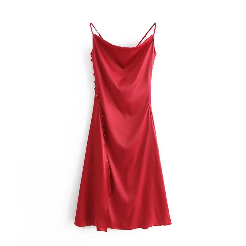 Ordifree 2022 Summer Vintage Women Satin Slip Dress with Slit Black Spaghetti Strap Silk Sexy Long Party Dress