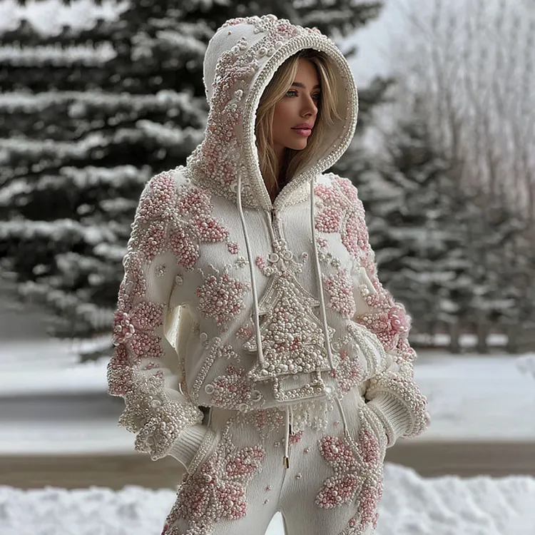 Women's Pearl Christmas Tree Art Zip-up Cozy Hooded Sweater