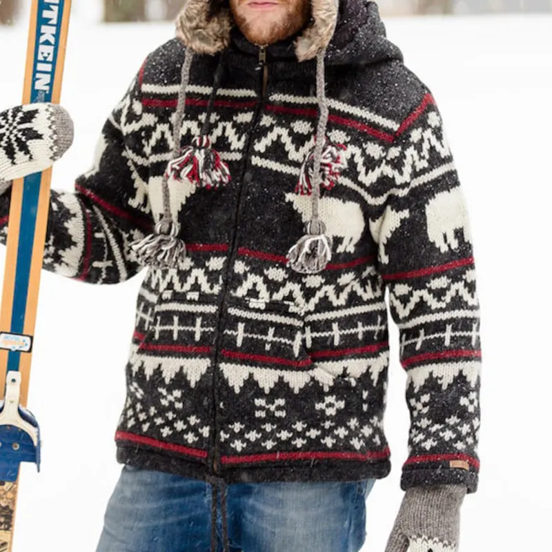 Mens Vintage Fair Isle Polar Bear Knitted Hooded Cardigan