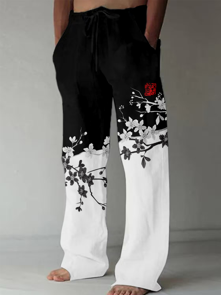 Cherry Blossom Japanese Art Contrast Casual Pants  artssus