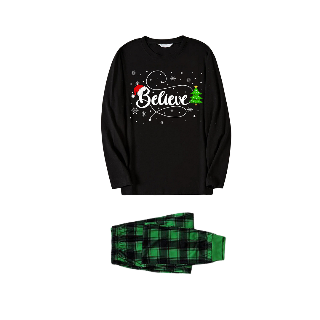 Christmas "Believe" Text and Tree Print Black Long Sleeve Top with Green and Black Plaid Family Matching Pajamas
