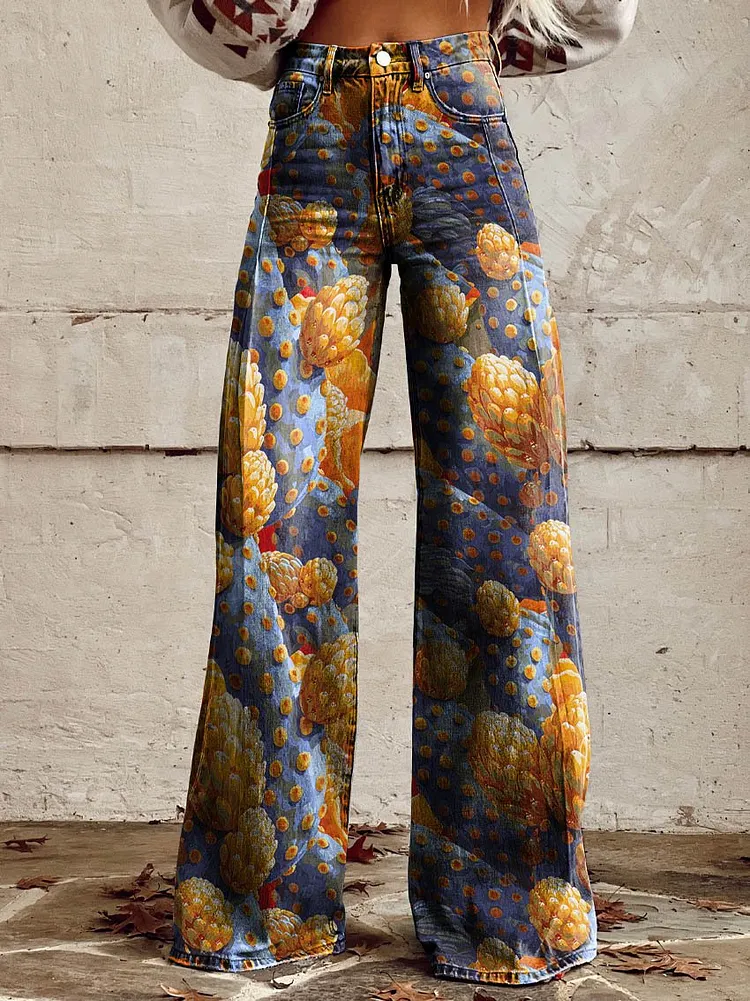 Women's Cactus Print Casual Wide Leg Pants