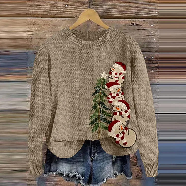 Christmas Tree Snowman Applique Women's Knit Sweater