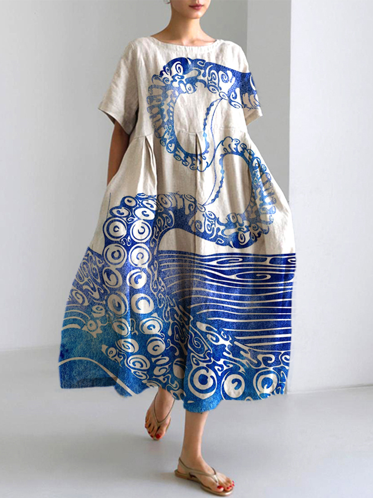 Ocean Octopus Japanese Art Linen Blend Casual Dress