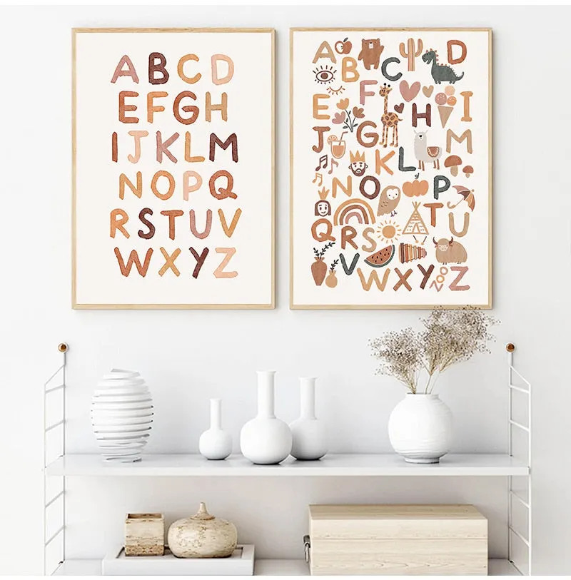 Boho Nursery ABC Alphabet Poster Wall Art Canvas Painting Print Playroom Pictures New Baby Girls Gift Kids Room Home Decoration