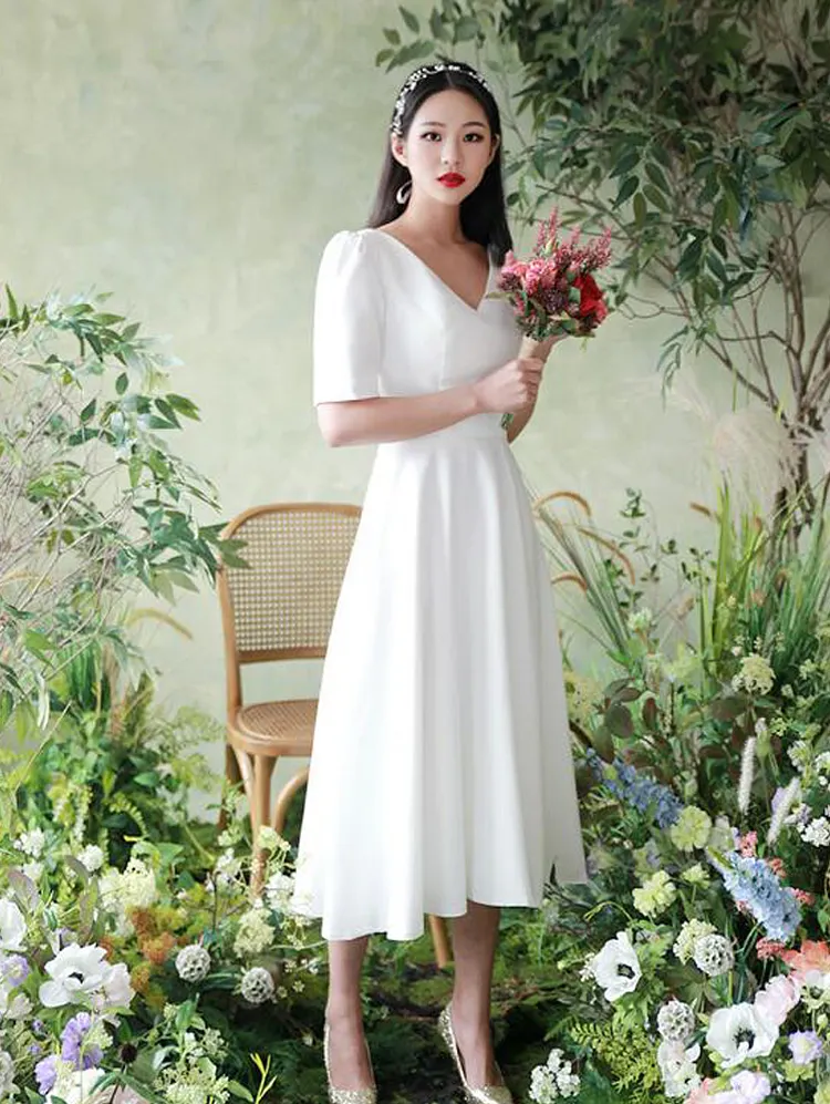 Double V Neck Wedding Dress A Line Half Sleeve Short Bohemian Bridal Gowns