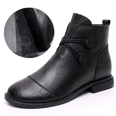 GKTINOO Autumn Winter Genuine Leather Flat Ankle Boots For Women Warm Boots Side Zipper Soft Comfortable Cow Leather Botas