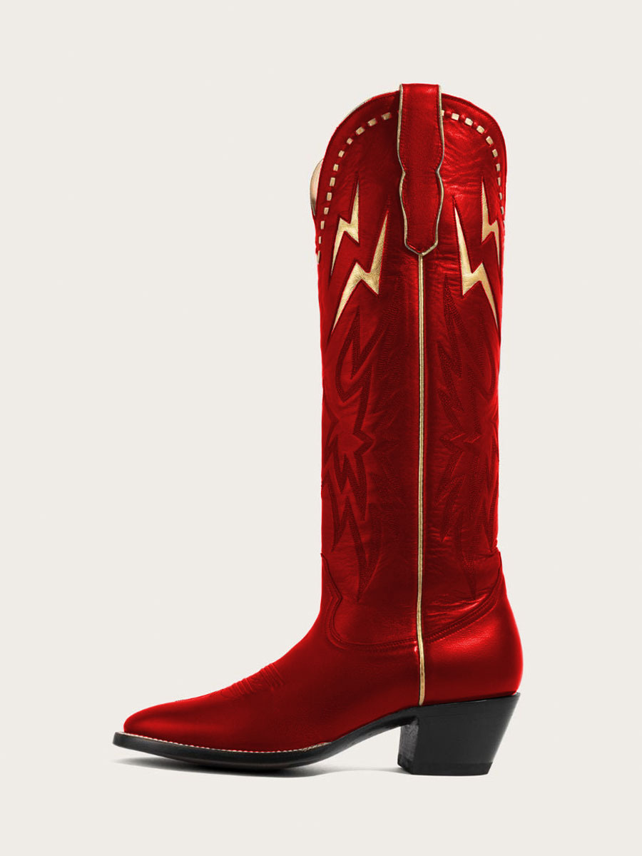 Red Metallic Finish Gold Lightning Inlay Knee Cowboy Boots for Women