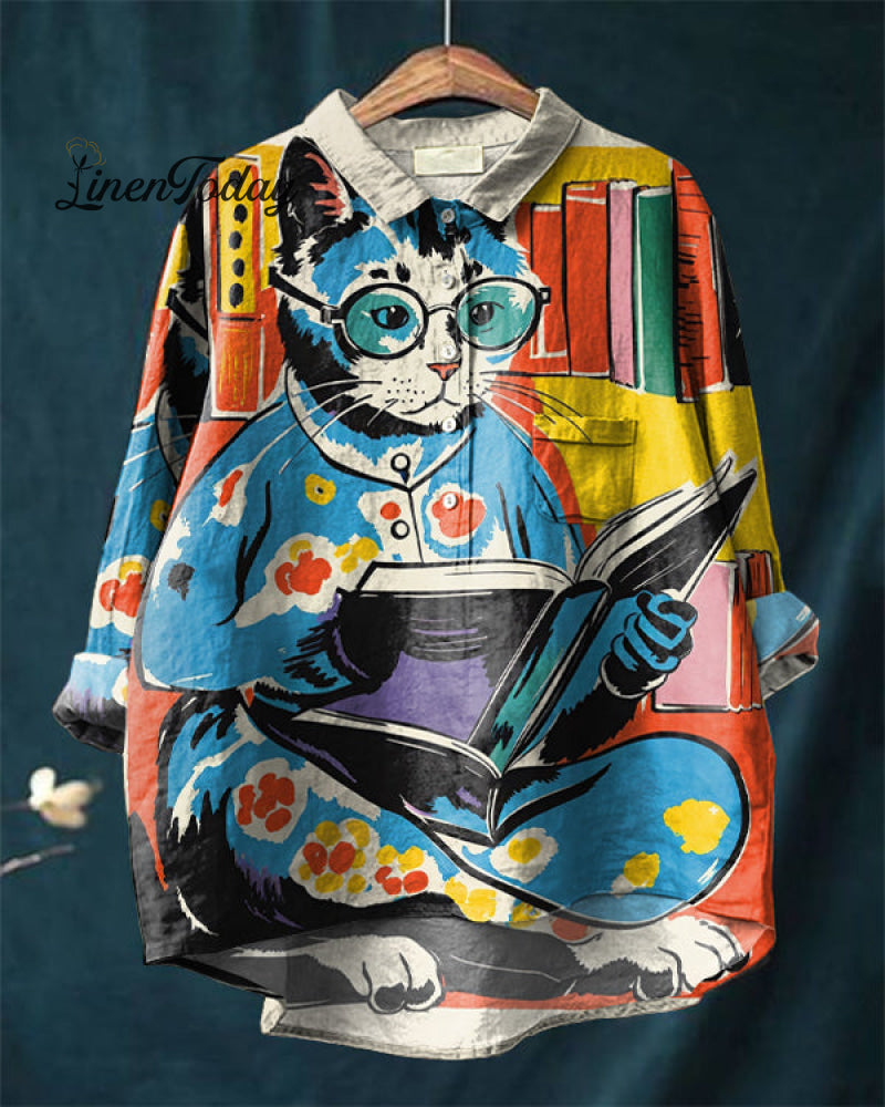 Colorful Cat Books Lover Art Cotton And Linen Casual Shirt Multicolor / S