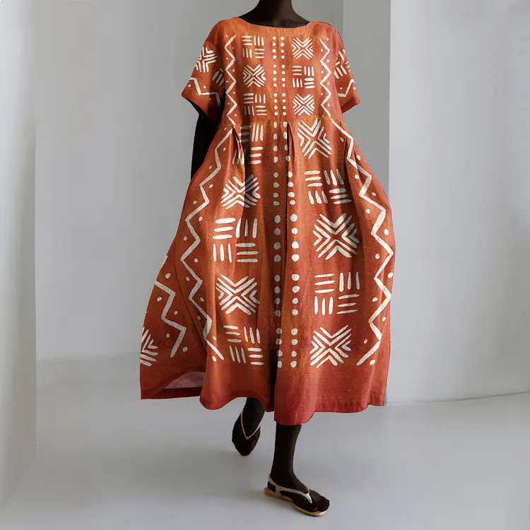 Vintage African Art Abstract Print Linen Dress
