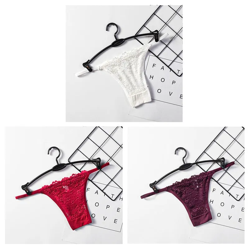 3PCS Sexy Panties Women Lace Low-rise Solid Sexy Briefs Seamless Intimate G-strings Thongs Panty Cotton Crotch Female Underwear