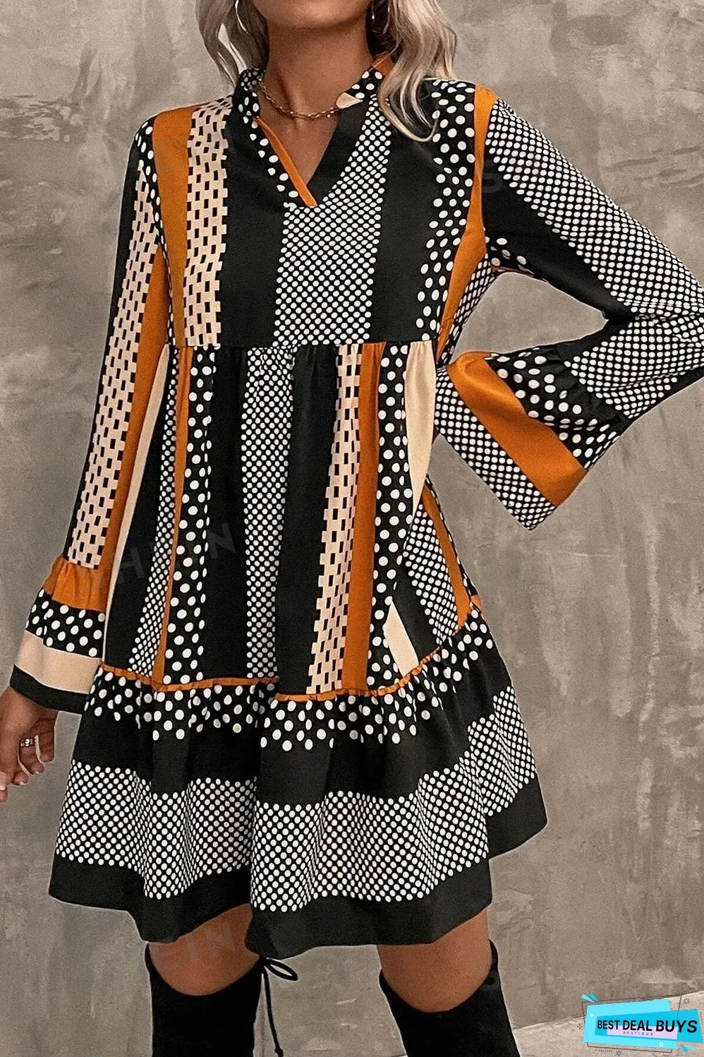 Black Striped Polka Dot Print Ruffled Hem V Neck Mini Dress