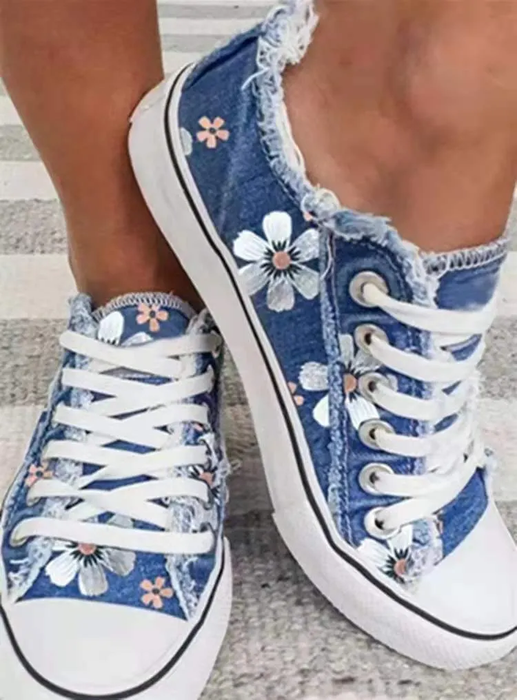Women Shoes for Women 2022 Retro Floral Print Canva Shoes Female Fashion Student Spring Flat Lace-up Sneakers Casual Shoes Women