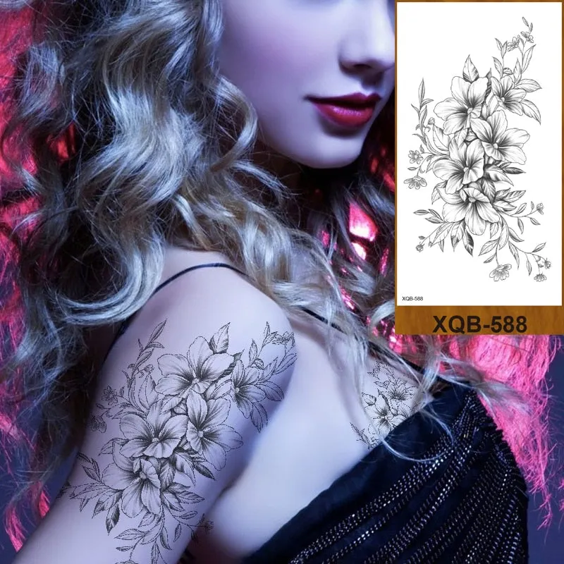 Temporary Tattoo Stickers Women Girl Arm Buttocks Chest Art Fake Tatoo Flowers Chain Body Makeup Waterproof Lily Chrysanthemum