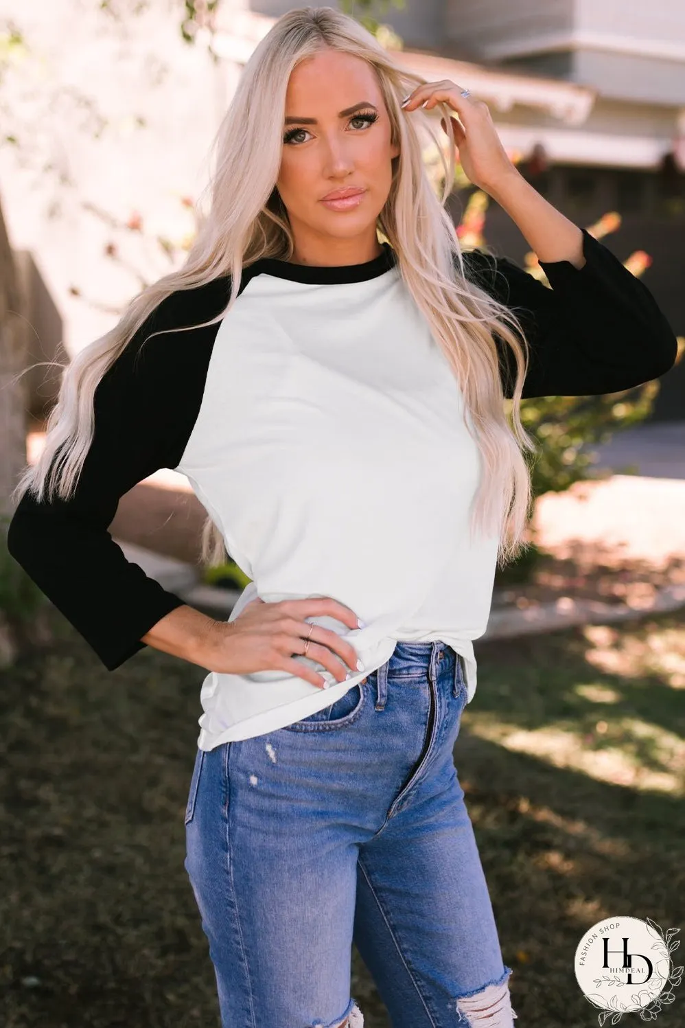 Black Patchwork Color Block Raglan Sleeve Pullover Top