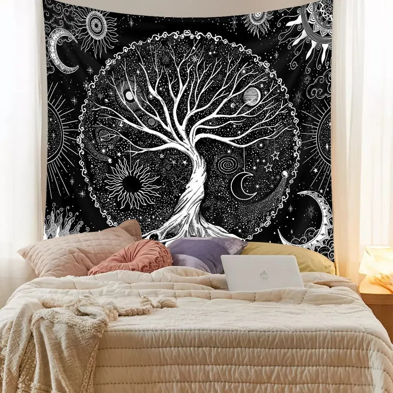 Tree of Life Tapestry Black White Starry Tapisserie Aesthetic Wall Hanging Tapestries Home Decor for Bedroom Living Room Dorm